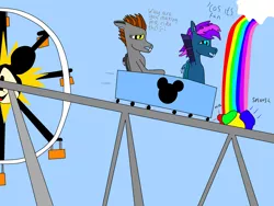 Size: 3264x2448 | Tagged: safe, artist:bluebatbirb, derpibooru import, oc, oc:devin, clothes, cloud, disneyland, ferris wheel, happy, image, jpeg, mickey mouse, rainbow, roller coaster, scared, socks