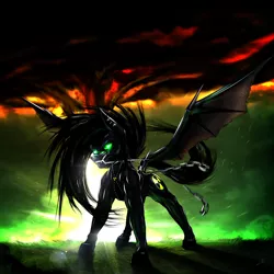 Size: 2478x2478 | Tagged: safe, artist:lexifyrestar, derpibooru import, oc, oc:nuclear blast, bat pony, pony, bat pony oc, bat wings, chains, colar, glowing eyes, horseshoes, image, lip piercing, male, nuclear explosion, piercing, png, radioactive, spikes, stallion, wings