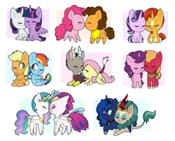 Size: 2000x1615 | Tagged: safe, artist:nikytale, derpibooru import, applejack, big macintosh, cheese sandwich, discord, fluttershy, pinkie pie, princess celestia, princess luna, queen novo, rain shine, rainbow dash, rarity, starlight glimmer, sugar belle, sunburst, twilight sparkle, alicorn, draconequus, earth pony, hippogriff, kirin, pegasus, pony, unicorn, my little pony: the movie, appledash, blushing, cheesepie, chibi, discoshy, eyes closed, female, hatless, hug, image, lesbian, lying down, male, missing accessory, nose to nose, novolestia, one eye closed, png, rainuna, rarilight, shipping, simple background, sitting, smiling, standing, starburst, straight, sugarmac, winghug, wings