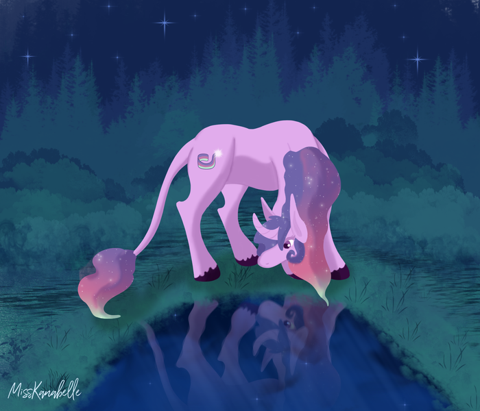 Size: 1750x1500 | Tagged: safe, artist:misskanabelle, derpibooru import, oc, oc:aurora star, unofficial characters only, classical unicorn, pony, unicorn, cloven hooves, female, horn, image, leonine tail, mare, night, outdoors, png, pond, reflection, signature, stars, the last unicorn, unicorn oc, unshorn fetlocks