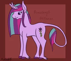 Size: 1750x1500 | Tagged: safe, artist:misskanabelle, derpibooru import, oc, unofficial characters only, pony, unicorn, abstract background, female, hoof fluff, horn, image, leonine tail, magical lesbian spawn, mare, offspring, parent:starlight glimmer, parent:twilight sparkle, parents:twistarlight, png, signature, solo, unicorn oc