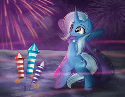Size: 1860x1446 | Tagged: safe, artist:janelearts, derpibooru import, trixie, pony, unicorn, derpibooru, bipedal, bipedal leaning, cape, clothes, cloud, female, firecracker, fireworks, glow, ground, hooves up, image, jpeg, leaning, mare, meta, missing accessory, night, raised hoof, raised hooves, safe tag milestone, starry night, stars, trixie's cape