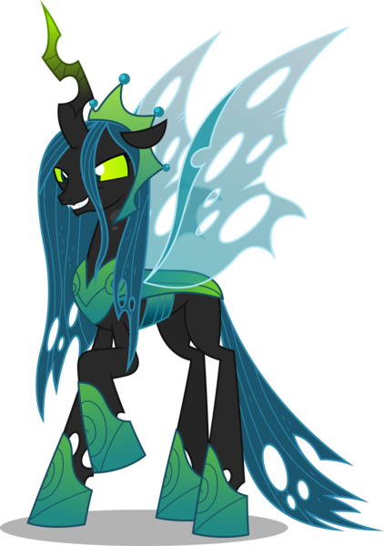 Size: 5620x8000 | Tagged: safe, artist:chrzanek97, derpibooru import, queen chrysalis, changeling, changeling queen, the ending of the end, absurd resolution, crown, female, grin, image, jewelry, png, queen, raised hoof, regalia, simple background, smiling, solo, transparent background, ultimate chrysalis, vector, wings