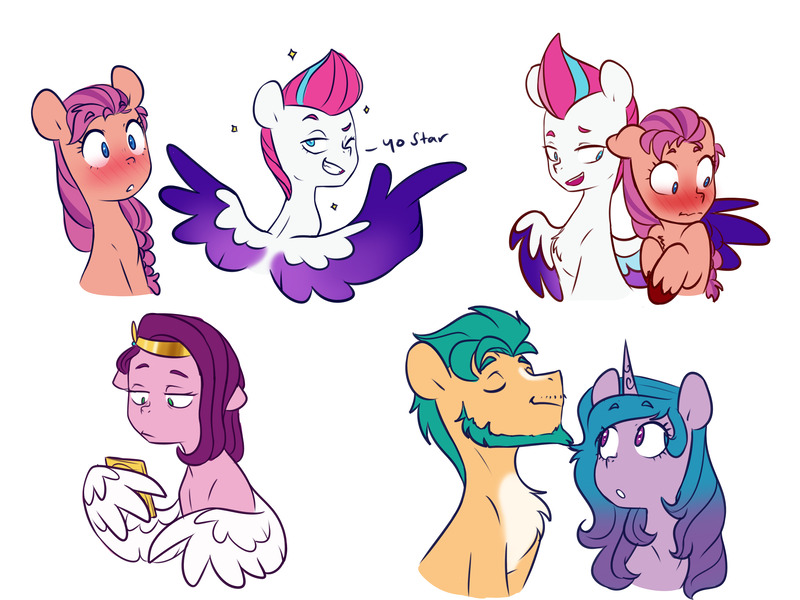 Size: 6000x4500 | Tagged: safe, artist:chub-wub, derpibooru import, hitch trailblazer, izzy moonbow, pipp petals, sunny starscout, zipp storm, earth pony, pegasus, pony, unicorn, absurd resolution, beard, blushing, braid, chest fluff, colored wings, dialogue, eyes closed, facial hair, female, floppy ears, g5, grin, image, jpeg, lesbian, looking at you, looking away, looking back, looking back at you, looking down, male, mane five (g5), mare, mobile phone, multicolored wings, one eye closed, open mouth, phone, pointing, shipping, simple background, smartphone, smiling, sparkles, spread wings, stallion, sunnyzipp, teeth, unshorn fetlocks, wall of tags, white background, wing hold, wings, wink