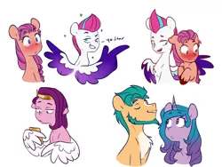 Size: 6000x4500 | Tagged: safe, artist:chub-wub, derpibooru import, hitch trailblazer, izzy moonbow, pipp petals, sunny starscout, zipp storm, earth pony, pegasus, pony, unicorn, absurd resolution, beard, blushing, braid, chest fluff, colored wings, dialogue, eyes closed, facial hair, female, floppy ears, g5, grin, image, jpeg, lesbian, looking at you, looking away, looking back, looking back at you, looking down, male, mane five (g5), mare, mobile phone, multicolored wings, one eye closed, open mouth, phone, pointing, shipping, simple background, smartphone, smiling, sparkles, spread wings, stallion, sunnyzipp, teeth, unshorn fetlocks, wall of tags, white background, wing hold, wings, wink