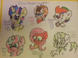 Size: 2598x1925 | Tagged: safe, artist:shelbi-cat, derpibooru import, oc, oc:apple sugar, oc:candy apple, oc:cotton candy, oc:peridot, oc:rainbow cloud, oc:starlight bright, unofficial characters only, alicorn, dracony, earth pony, hybrid, pegasus, pony, unicorn, bust, image, interspecies offspring, jpeg, next generation, offspring, parent:applejack, parent:big macintosh, parent:caramel, parent:comet tail, parent:fluttershy, parent:pinkie pie, parent:pokey pierce, parent:rainbow dash, parent:rarity, parent:soarin', parent:spike, parent:twilight sparkle, parents:carajack, parents:cometlight, parents:fluttermac, parents:pokeypie, parents:soarindash, parents:sparity, traditional art