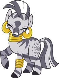 Size: 3000x3920 | Tagged: safe, artist:jeatz-axl, derpibooru import, zecora, zebra, bracelet, ear piercing, earring, eyes closed, female, high res, image, jewelry, leg rings, neck rings, piercing, png, raised hoof, simple background, solo, transparent background