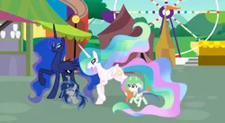 Size: 1024x563 | Tagged: safe, artist:velveagicsentryyt, derpibooru import, princess celestia, princess luna, oc, oc:flosun pollen, oc:lunais, changepony, hybrid, pony, unicorn, female, filly, image, jpeg, offspring, parent:king sombra, parent:princess celestia, parent:princess luna, parent:thorax, parents:lumbra, parents:thoralestia