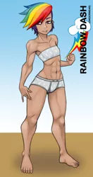 Size: 984x1860 | Tagged: suggestive, alternate version, artist:oldskullkid, derpibooru import, rainbow dash, human, belly button, boyshorts, breasts, briefs, clothes, delicious flat chest, female, humanized, image, jpeg, lip ring, muscles, muscular female, panties, piercing, underwear