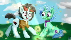 Size: 3780x2126 | Tagged: safe, artist:cxynbl, derpibooru import, oc, oc:cyan cloud, oc:nightmare roses, unofficial characters only, pony, unicorn, dandelion, image, jpeg