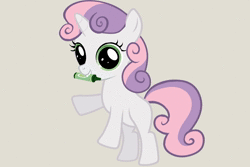Size: 3230x2160 | Tagged: safe, alternate version, derpibooru import, sweetie belle, pony, unicorn, animated, crayon, ear twitch, explore ponyville, female, filly, image, looking at you, mouth hold, no sound, pixel art, simple background, solo, spitting, sprite, tail wag, talking, transparent background, webm, yay