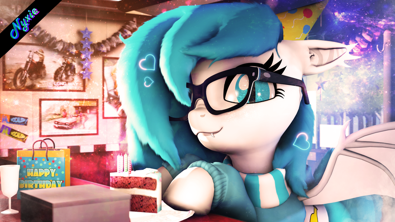 Size: 3840x2160 | Tagged: safe, artist:xenia-amata, derpibooru import, oc, oc:xenia amata, bat pony, 3d, birthday, cute, fangs, floofy ears, food, glasses, hat, image, party hat, png, source filmmaker