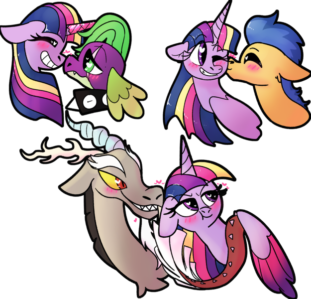 Size: 1600x1536 | Tagged: safe, artist:northernlightsone, derpibooru import, discord, flash sentry, spike, twilight sparkle, twilight sparkle (alicorn), alicorn, pegasus, pony, blushing, boop, bust, collar, discolight, female, flashlight, floppy ears, heart, heart eyes, image, kiss on the cheek, kissing, male, noseboop, one eye closed, png, shipping, simple background, smiling, spiked collar, straight, transparent background, tsundere, tsunlight sparkle, twispike, wingding eyes