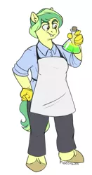Size: 511x972 | Tagged: safe, artist:pigeorgien, derpibooru import, oc, oc:half-life, unofficial characters only, anthro, earth pony, pony, apron, chemicals, clothes, female, hand on hip, image, mare, pants, png, shirt, solo, unshorn fetlocks