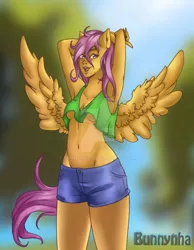 Size: 1024x1317 | Tagged: suggestive, artist:bunnynha, derpibooru import, scootaloo, anthro, breasts, clothes, female, image, jpeg, older, shorts, solo, solo female, underboob