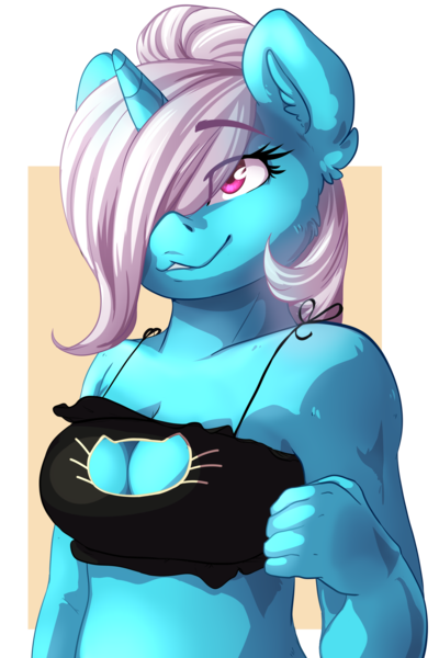 Size: 1881x2819 | Tagged: suggestive, artist:baldmoose, derpibooru import, oc, oc:pummela, unicorn, boob window, bra, bust, cat keyhole bra set, cat lingerie, clothes, hair over one eye, image, lingerie, png, underwear