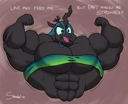 Size: 975x790 | Tagged: suggestive, artist:urkel, derpibooru import, queen chrysalis, anthro, changeling, biceps, clothes, female, fetish, flexing, growth, image, muscle expansion, muscle fetish, muscle growth, muscles, muscular female, overdeveloped muscles, png, queen chrysalifts, simple background, solo, too ripped for tops, torn clothes, wardrobe malfunction