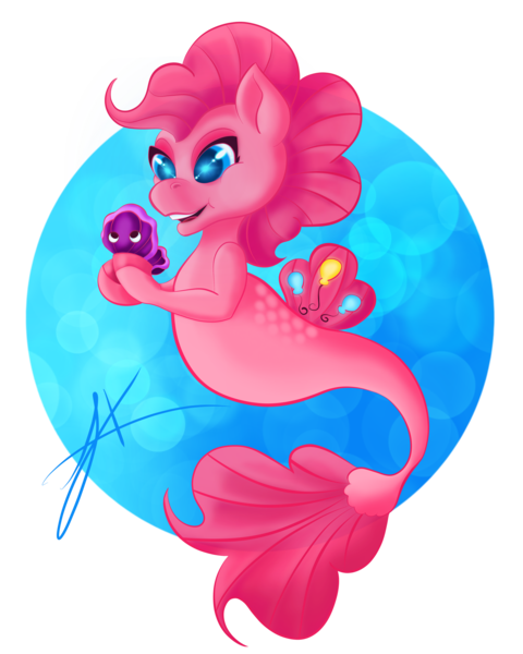 Size: 2190x2738 | Tagged: safe, artist:xenyu, derpibooru import, pinkie pie, earth pony, pony, seapony (g4), blue eyes, bubble, dorsal fin, female, fish tail, image, ocean, open mouth, png, seaponified, seapony pinkie pie, seashell, signature, simple background, smiling, solo, species swap, tail, underwater, water