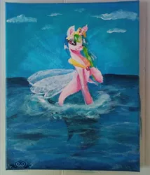 Size: 480x560 | Tagged: safe, artist:lionbun1, derpibooru import, princess celestia, pony, seapony (g4), canvas, clothes, cloud, collar, crown, female, fin wings, fish tail, flowing tail, hoof shoes, horn, image, jewelry, multicolored hair, ocean, png, purple eyes, regalia, sealestia, seaponified, seapony celestia, see-through, sky, smiling, solo, species swap, sunlight, tail, water, wings