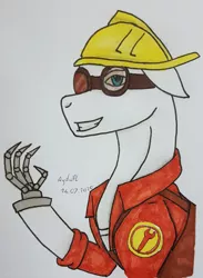 Size: 1997x2726 | Tagged: safe, artist:agdapl, derpibooru import, ponified, earth pony, pony, amputee, bust, clothes, crossover, engineer, goggles, grin, hard hat, helmet, hoof hold, image, jpeg, male, prosthetic limb, prosthetics, signature, smiling, solo, species swap, stallion, team fortress 2, traditional art