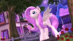 Size: 3840x2160 | Tagged: safe, artist:loveslove, derpibooru import, fluttershy, pegasus, pony, 3d, female, fence, flower, image, night, outdoors, png, ponyville, smiling, solo, source filmmaker, stars, tree, well, wings