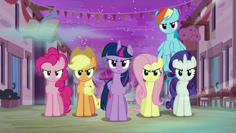 Size: 1280x720 | Tagged: safe, derpibooru import, screencap, applejack, fluttershy, pinkie pie, rainbow dash, rarity, twilight sparkle, twilight sparkle (alicorn), alicorn, earth pony, pegasus, pony, unicorn, to where and back again, angry, applejack is not amused, applejack's hat, cowboy hat, fluttershy is not amused, hat, image, mane six, night, pinkie pie is not amused, png, rainbow dash is not amused, rarity is not amused, twilight is not amused, unamused