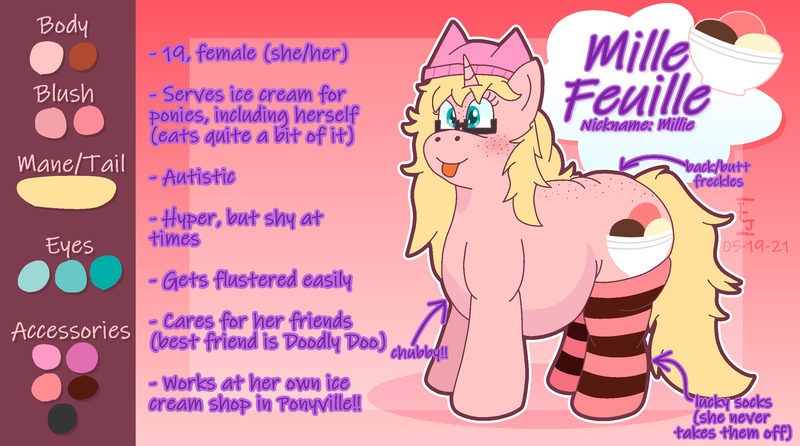 Size: 2600x1450 | Tagged: safe, artist:icecreamjaxxie, derpibooru import, oc, oc:mille feuille, unofficial characters only, pony, unicorn, :p, autism, back freckles, beanie, butt freckles, chubby, clothes, cutie mark, female, food, freckles, glasses, hat, horn, ice cream, image, mare, png, simple background, socks, solo, striped socks, text, tongue out, transparent background, unicorn oc