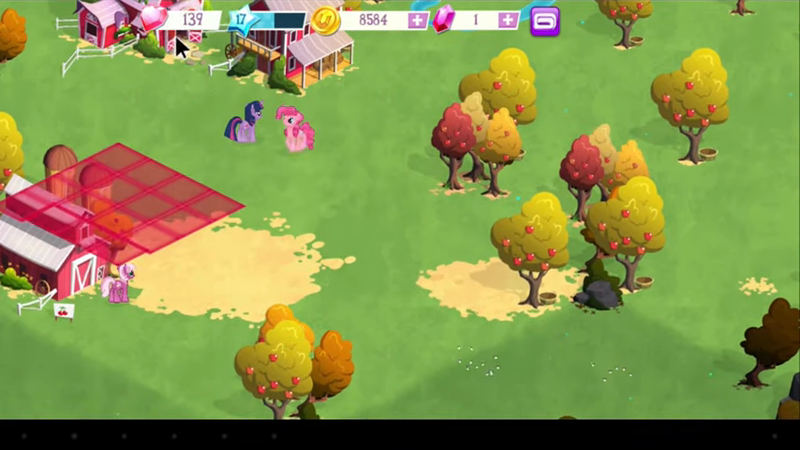 Size: 854x480 | Tagged: safe, derpibooru import, cheerilee, pinkie pie, twilight sparkle, earth pony, pony, unicorn, app, apple, barn, bits, food, game, gameloft, gem, heart, image, png, rock, stars, sweet apple acres, tree, unicorn twilight