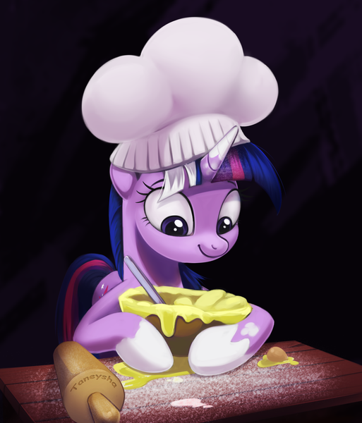 Size: 1181x1382 | Tagged: safe, artist:taneysha, edit, twilight sparkle, pony, unicorn, a health of information, /mlp/, adorkable, baking, batter, bowl, chef's hat, cute, dork, female, food, hat, image, mare, png, rolling pin, scene interpretation, smiling, solo, toque, twiabetes, wingless, wingless edit