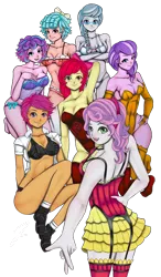 Size: 1280x2198 | Tagged: suggestive, artist:jennobasilicum, derpibooru import, apple bloom, cozy glow, diamond tiara, princess flurry heart, scootaloo, silver spoon, sweetie belle, equestria girls, alternate hairstyle, apple bloom's bow, barefoot, bedroom eyes, belly button, boots, bow, bra, breasts, clothes, corset, cutie mark crusaders, equestria girls-ified, feet, female, females only, glasses, hair bow, image, looking at you, older, older apple bloom, older cmc, older cozy glow, older diamond tiara, older flurry heart, older scootaloo, older silver spoon, older sweetie belle, open mouth, panties, png, shirt, shoes, simple background, socks, stockings, thigh highs, transparent background, underwear