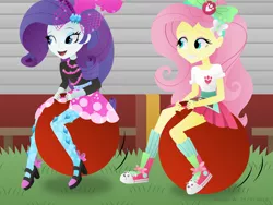 Size: 2816x2112 | Tagged: safe, artist:lavenderrain24, derpibooru import, fluttershy, rarity, clothes, converse, image, png, shoes, space hopper