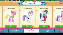 Size: 854x480 | Tagged: safe, derpibooru import, cherry berry, princess cadance, shining armor, twilight velvet, alicorn, earth pony, pony, unicorn, app, arrow, bits, clothes, colt, crystal, female, game, gameloft, gem, heart, image, jewelry, male, mare, minecart, png, regalia, smiling, stars, store, suit, vest, winter wrap up vest