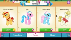 Size: 854x480 | Tagged: safe, derpibooru import, aloe, lotus blossom, masseuse pony, sunset shimmer, earth pony, pony, unicorn, app, arrow, bits, clothes, female, flower, game, gameloft, gem, heart, image, png, siblings, sisters, smiling, spa twins, stars, suit, twins