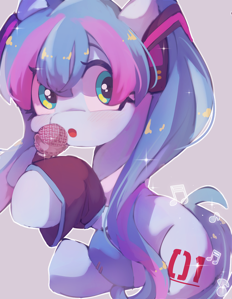 Size: 1108x1429 | Tagged: safe, artist:lexiedraw, derpibooru import, ponified, earth pony, pony, anime, hatsune miku, image, microphone, png, simple background, solo