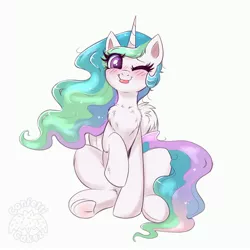 Size: 3000x3000 | Tagged: safe, artist:confetticakez, derpibooru import, princess celestia, oc, unofficial characters only, alicorn, pony, :p, blushing, chest fluff, image, jpeg, looking at you, one eye closed, raspberry, smiling, solo, tongue out, underhoof, wink