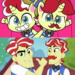 Size: 2289x2289 | Tagged: safe, derpibooru import, edit, edited screencap, screencap, flam, flim, earth pony, human, pony, equestria girls, equestria girls series, holidays unwrapped, my little pony: pony life, spoiler:eqg series (season 2), spoiler:pony life s02e18, comic, communication shakedown, duo, duo male, flim flam brothers, grin, gritted teeth, image, jpeg, male, pony life interpretation, same energy, screencap comic, smiling, teeth