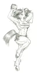 Size: 750x1359 | Tagged: suggestive, artist:baron engel, derpibooru import, oc, oc:noble cause, unofficial characters only, anthro, earth pony, unguligrade anthro, abs, anthro oc, belly button, book, clothes, daisy dukes, female, freckles, image, jpeg, latin, looking at you, midriff, monochrome, muscles, muscular female, patreon, patreon reward, pencil drawing, shorts, simple background, solo, solo female, tanktop, text, traditional art, unshorn fetlocks, white background