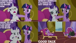Size: 1280x720 | Tagged: safe, derpibooru import, edit, edited screencap, editor:quoterific, screencap, rarity, twilight sparkle, twilight sparkle (alicorn), alicorn, pony, unicorn, dragon dropped, season 9, spoiler:s09, belly, couch, crossed arms, crossed hooves, duo, duo female, fainting couch, female, floppy ears, image, mare, open mouth, png, rarity is not amused, sitting, solo, trash, twilight's castle, unamused