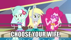 Size: 800x450 | Tagged: safe, derpibooru import, edit, edited screencap, screencap, derpy hooves, lyra heartstrings, pinkie pie, equestria girls, equestria girls series, i'm on a yacht, spoiler:eqg series (season 2), caption, choose your wife, clothes, image, image macro, png, swimsuit, text