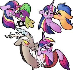 Size: 2245x2154 | Tagged: safe, artist:northernlightsone, derpibooru import, discord, flash sentry, spike, twilight sparkle, twilight sparkle (alicorn), alicorn, pegasus, pony, alternate hairstyle, alternate universe, artificial horn, blushing, boop, broken horn, bust, collar, crystal horn, discolight, eye scar, female, flashlight, floppy ears, grin, heart, heart eyes, horn, image, kiss on the cheek, kissing, male, mare, noseboop, one eye closed, png, prosthetic horn, prosthetics, scar, shipping, simple background, smiling, spiked collar, stallion, straight, transparent background, tsundere, tsunlight sparkle, twilight sparkle gets all the stallions, twispike, wingding eyes, wink