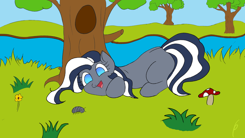 Size: 3840x2160 | Tagged: safe, artist:6pony66, derpibooru import, oc, oc:flutterbree, unofficial characters only, earth pony, isopod, pony, image, nature, png, solo, tree