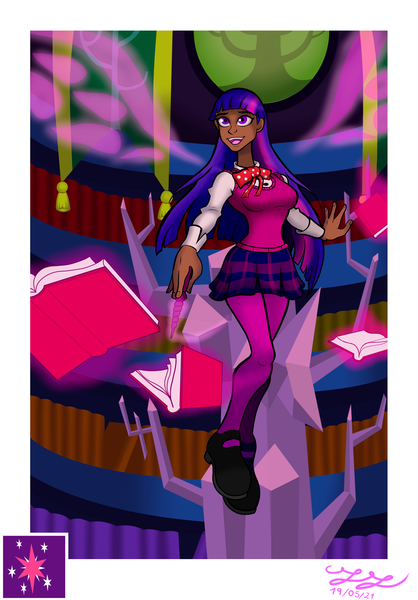 Size: 1280x1837 | Tagged: safe, artist:theomegas2, derpibooru import, twilight sparkle, human, blackwashing, clothes, floating, humanized, image, levitation, magic, magical girl, open mouth, png, skirt, solo, telekinesis, wand