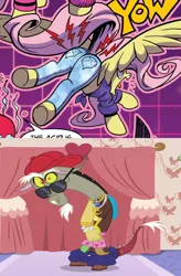 Size: 800x1220 | Tagged: safe, artist:andypriceart, derpibooru import, edit, edited screencap, idw, screencap, discord, fluttershy, pegasus, pony, comic:everything old, discordant harmony, spoiler:comic, spoiler:comic64, bling, butt, clothes, comic, context is for the weak, cover up, cropped, fashion, female, flutterbutt, front knot midriff, frown, hot pants, image, jeans, knot shirt, literal butthurt, male, mare, midriff, open mouth, ouch, out of context, pain, pants, pants down, pants on the ground, plot, png, rapper, skinny jeans, spread wings, sunglasses, tight clothing, underwear, watch, wide eyes, wings, wristwatch