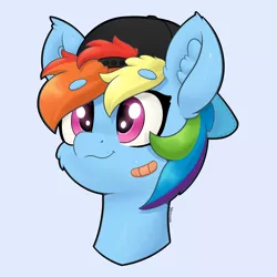 Size: 4000x4000 | Tagged: safe, artist:yelowcrom, derpibooru import, rainbow dash, pegasus, pony, backwards ballcap, bandage, bandaid, baseball cap, beanbrows, bust, cap, cheek fluff, cute, ear fluff, eyebrows, eyebrows visible through hair, female, hat, head only, image, mare, png, simple background, solo