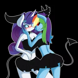 Size: 4500x4500 | Tagged: suggestive, artist:caoscore, derpibooru import, rainbow dash, rarity, anthro, demon, big breasts, black sclera, blushing, breasts, clothes, demon horns, demon tail, female, glowing eyes, hand on face, image, lesbian, looking at each other, png, raridash, shipping, skirt, slit pupils