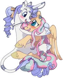 Size: 1280x1579 | Tagged: safe, artist:universal-heart, derpibooru import, fluttershy, rarity, classical unicorn, pegasus, pony, unicorn, accessories, blushing, bow, cloven hooves, colored hooves, female, flarity, hair bow, horn, horn ring, hug, image, jewelry, leonine tail, lesbian, looking at each other, mare, one eye closed, png, ponytail, ring, shipping, simple background, tail, tail ring, transparent background, unshorn fetlocks