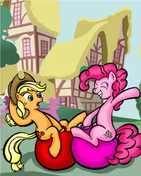 Size: 2190x2738 | Tagged: safe, artist:crazydemonkorio, derpibooru import, applejack, pinkie pie, image, jpeg, space hopper