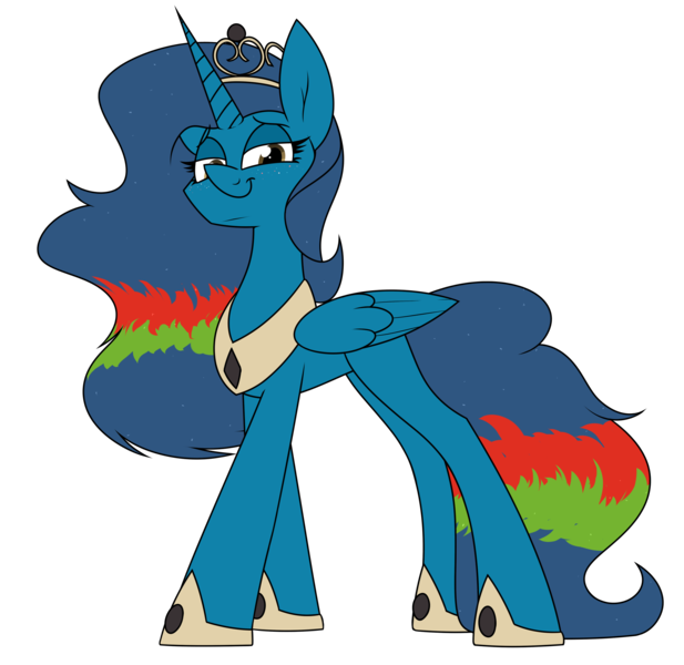 Size: 2452x2383 | Tagged: safe, artist:moonatik, derpibooru import, oc, oc:blue sky, unofficial characters only, alicorn, pony, alicorn oc, crown, horn, image, jewelry, peytral, png, princess, raffle prize, regalia, simple background, smug, solo, tiara, transparent background, wings