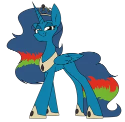 Size: 2452x2383 | Tagged: safe, artist:moonatik, derpibooru import, oc, oc:blue sky, unofficial characters only, alicorn, pony, alicorn oc, crown, horn, image, jewelry, peytral, png, princess, raffle prize, regalia, simple background, smug, solo, tiara, transparent background, wings