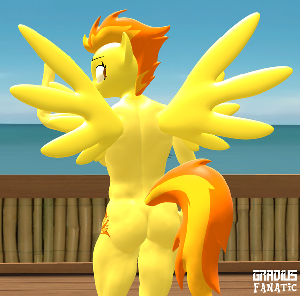 Size: 1945x1920 | Tagged: questionable, alternate version, artist:gradiusfanatic, derpibooru import, spitfire, anthro, pegasus, 3d, beach, breasts, busty spitfire, butt, female, firebutt, fitfire, flexing, image, looking back, muscles, muscular female, nudity, png, rearboob, source filmmaker, spread wings, wings